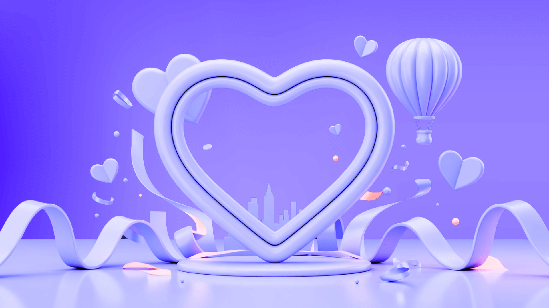 A glowing 3D heart surrounded by smaller hearts and a hot-air balloon on a soft purple background, themed for Valentine’s Day.