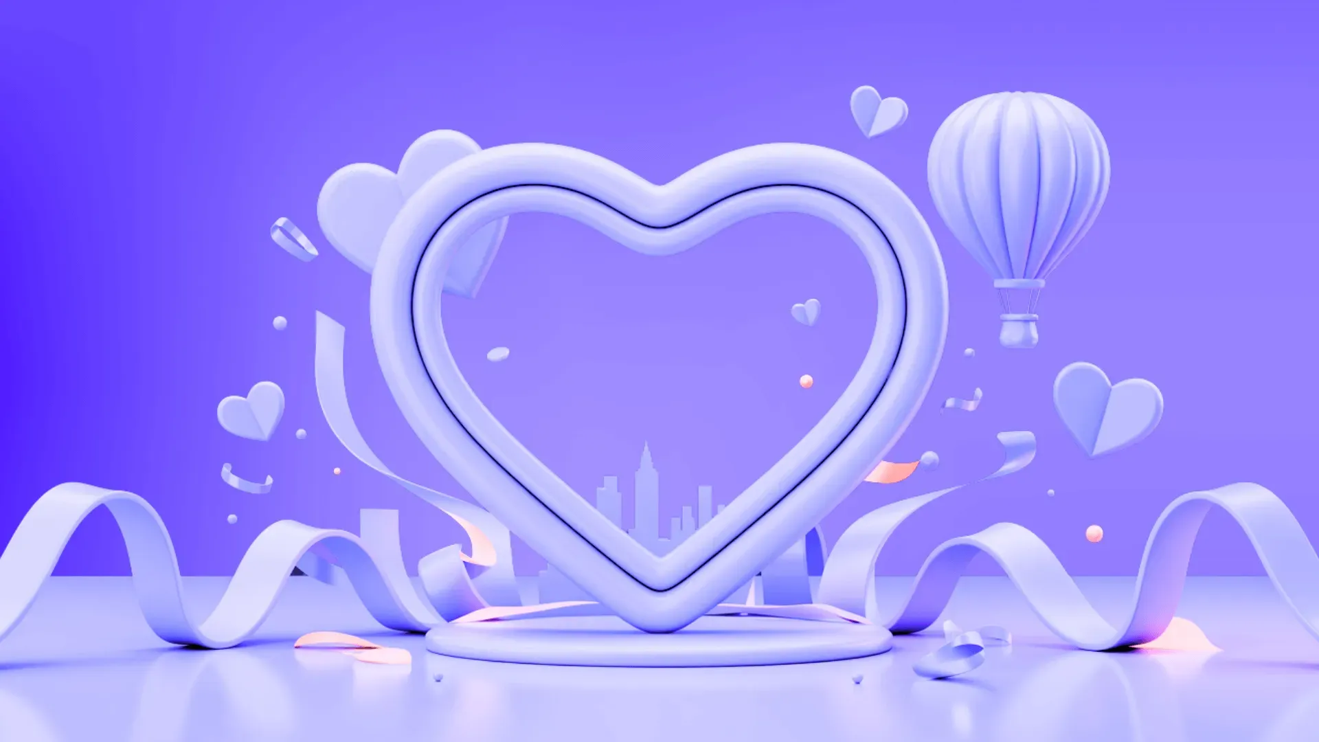 A glowing 3D heart surrounded by smaller hearts and a hot-air balloon on a soft purple background, themed for Valentine’s Day.