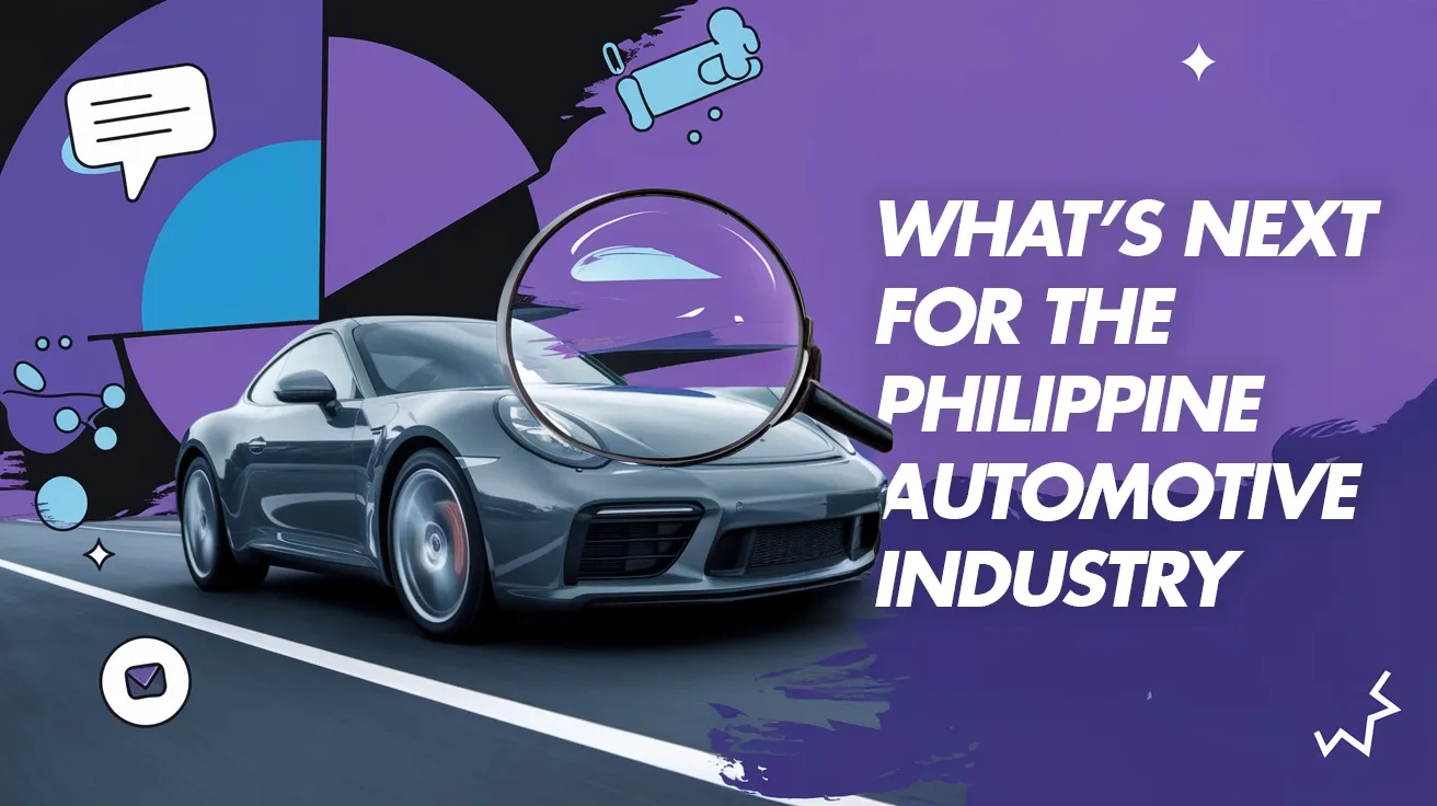 A silver luxury car on a stylized road with a panel reading “WHAT’S NEXT FOR THE PHILIPPINE AUTOMOTIVE INDUSTRY,” lit in purple.