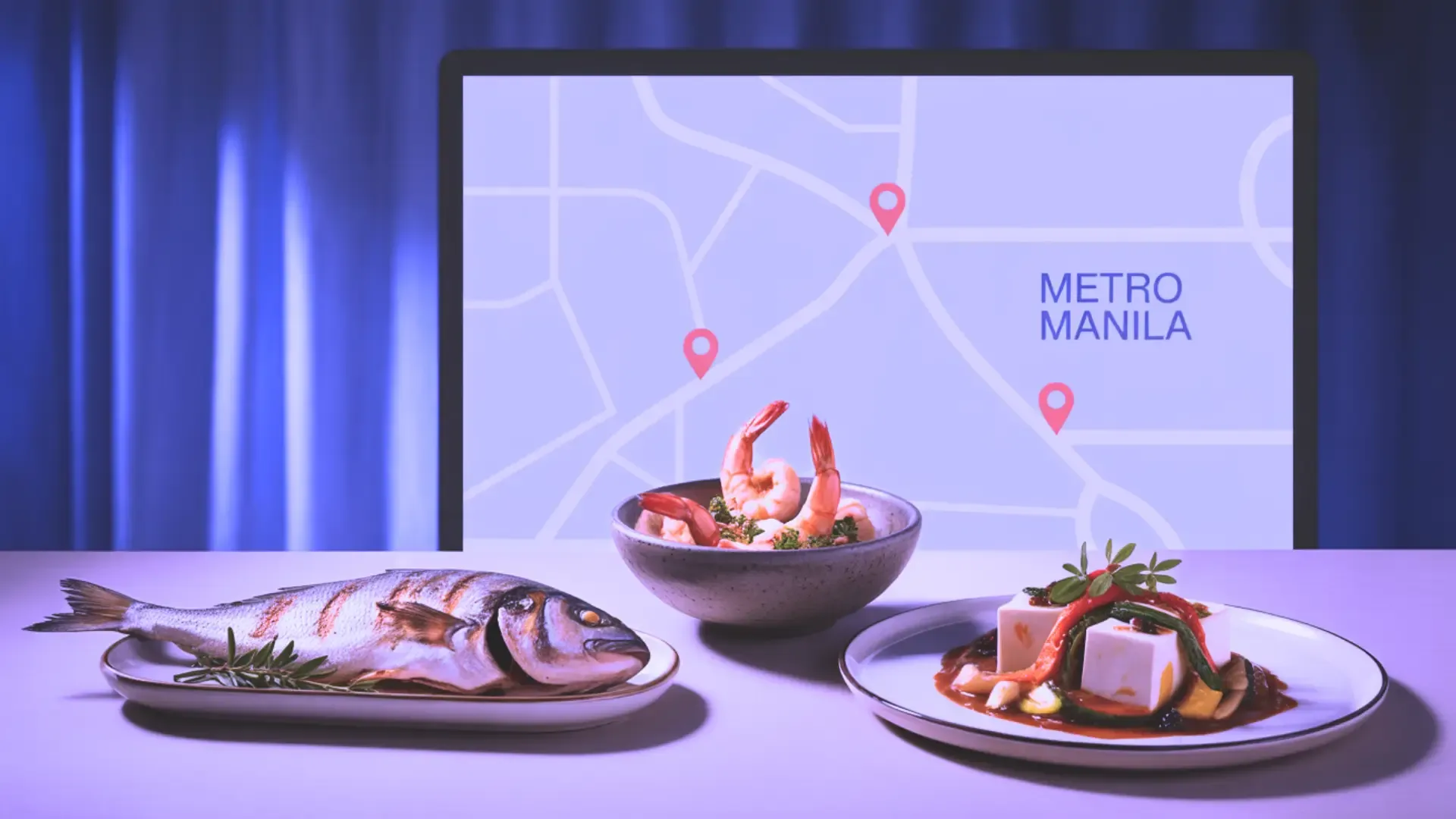 A plated fish dish and seafood on a table in front of a screen reading “METRO MANILA,” set in a purple-lit studio.