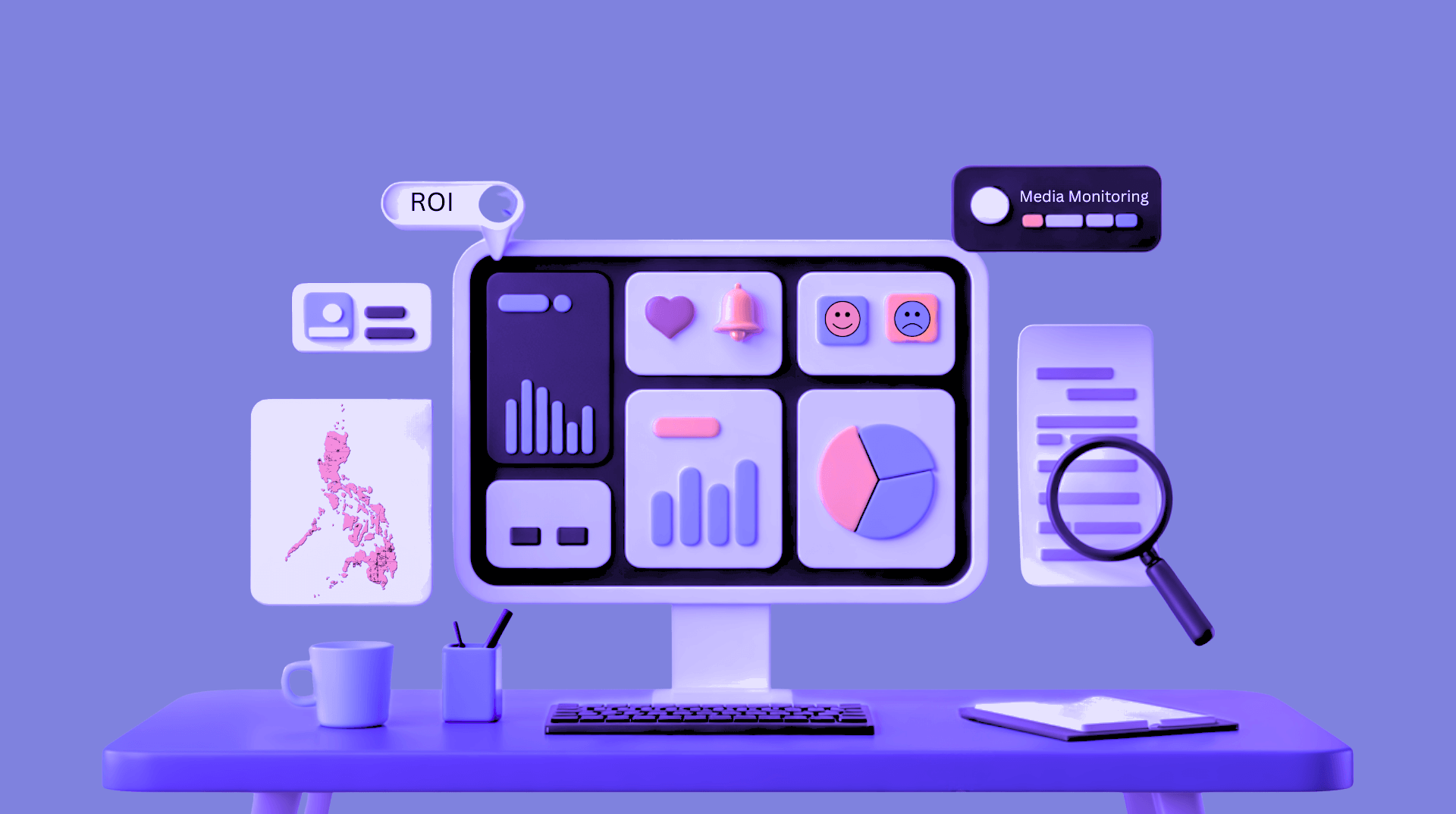 Several monitors and devices showing media-monitoring dashboards with charts, a magnifying glass, and reaction icons, on a purple background.