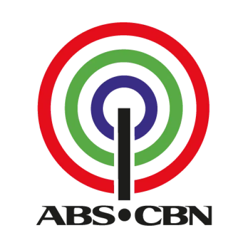 ABS-CBN logo: the concentric circular emblem in red, green, and blue with a central bar, above “ABS-CBN.”