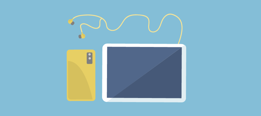 Illustration of a smartphone and media panels on a blue background, themed for a consumer electronics industry report.