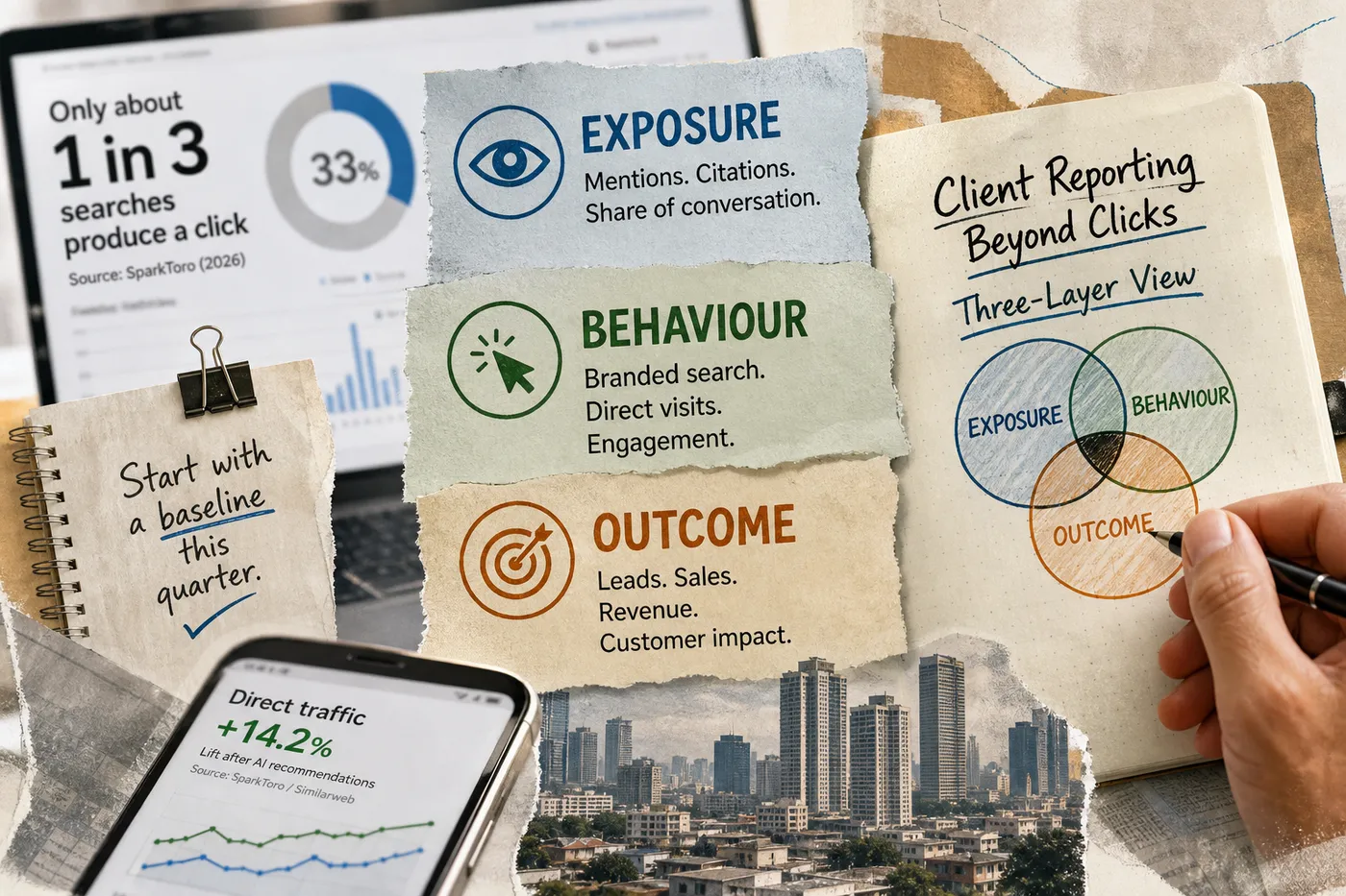 Drafting a client report layout with key marketing metrics. Client reporting collage: exposure, behaviour and outcome layers in a Venn sketch, a 1-in-3 click-rate stat, and a +14.2% direct traffic lift on a phone screen.