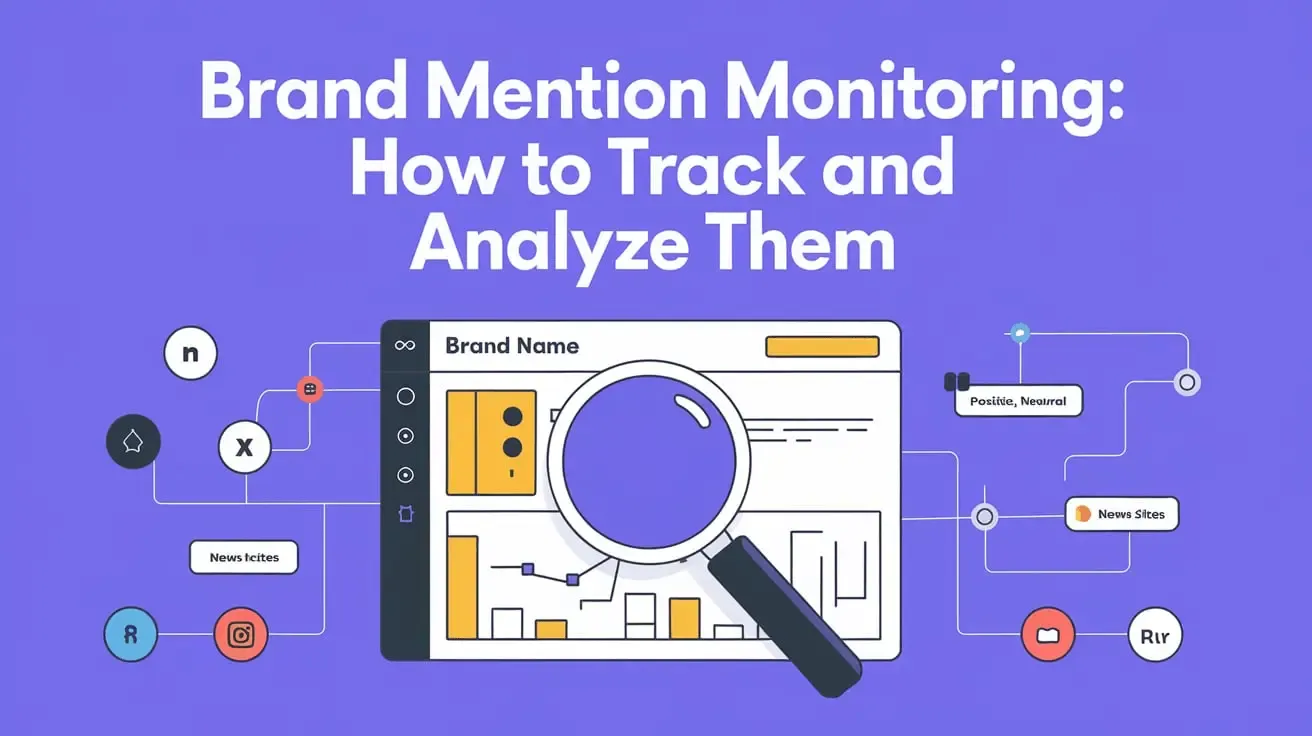 A 3D scene headed “Brand Mention Monitoring: How to Track and Analyze Them” showing a dashboard with a magnifying glass and connected nodes labeled “Brand Name.”