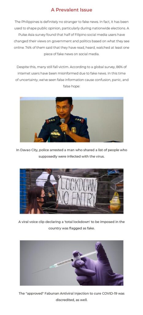 Vertical infographic about fake news headed “A Prevalent Issue,” combining body text with photos illustrating misinformation.