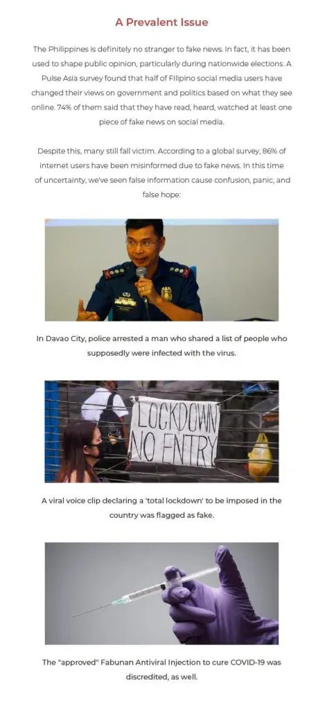 Vertical infographic about fake news headed “A Prevalent Issue,” combining body text with photos illustrating misinformation.