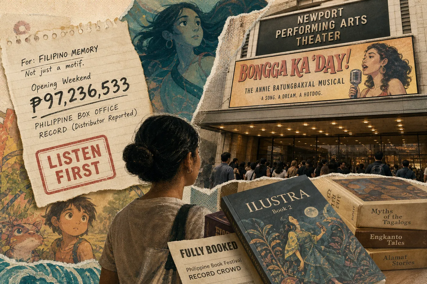 Filipino folklore marketing collage: mythic illustrations, a Bongga Ka ‘Day! theater crowd, a P97.2M box-office note and a stack of Filipino folklore books