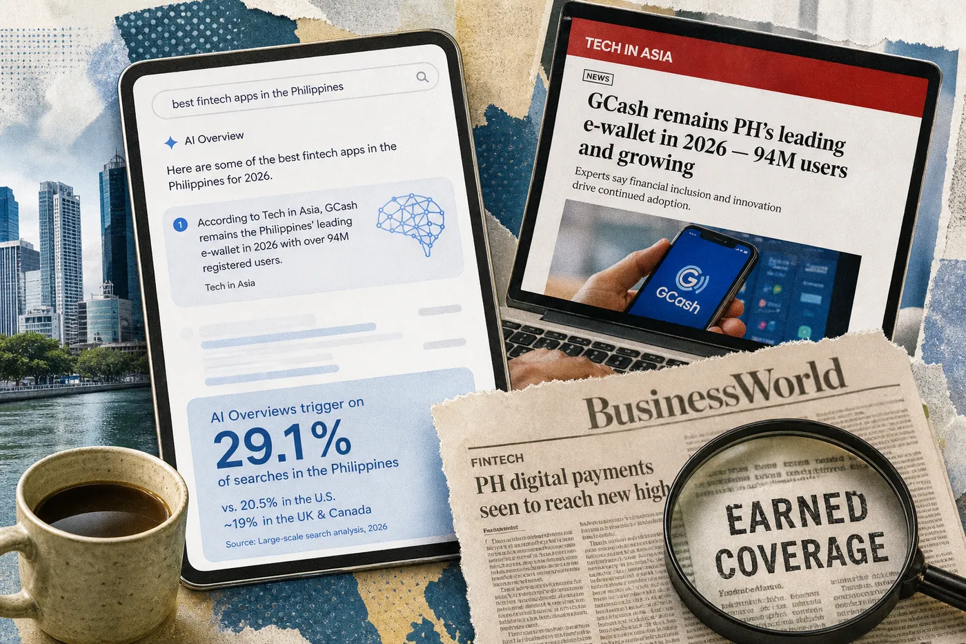 AI Overviews citing a Tech in Asia GCash story, next to a stat showing AI Overviews trigger on 29.1% of Philippine searches.