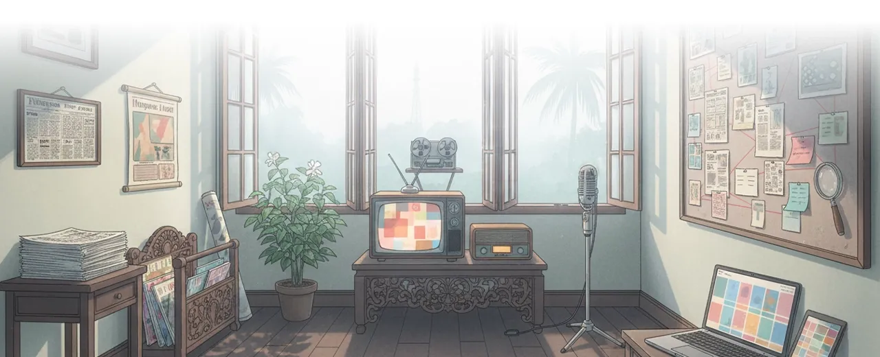 Illustrated interior of a cozy study or home office with framed pictures, a plant, and a desk, rendered in soft tones.