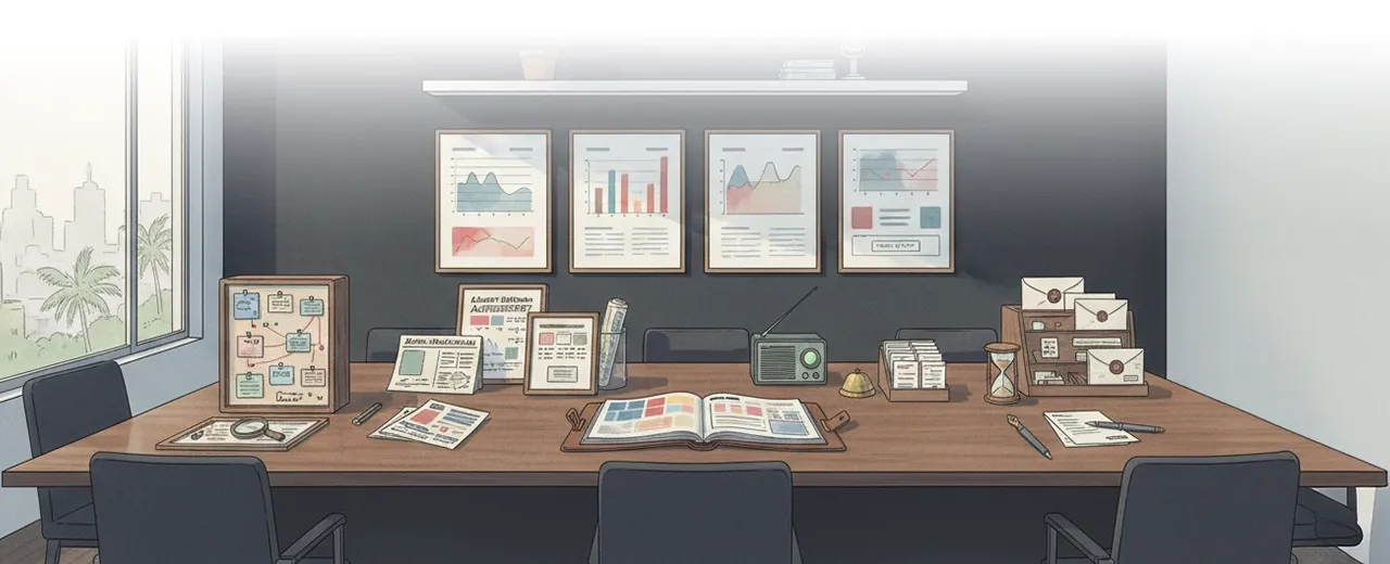 Illustrated interior of a home office with framed pictures on the wall and a wooden desk, rendered in soft tones.