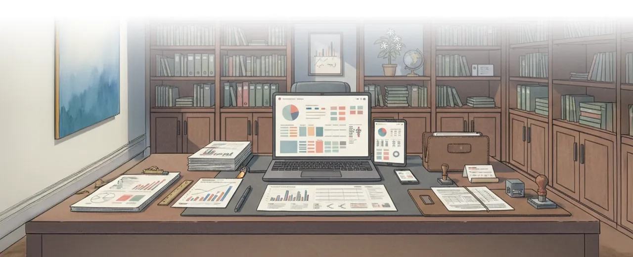 Illustrated interior of a study or office with a wall of framed screens and a desk, rendered in warm tones.