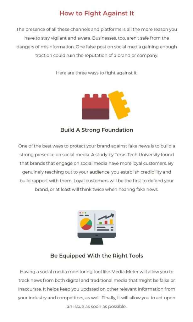 Vertical infographic about fighting fake news with the section heading “How to Fight Against It,” showing illustrated steps such as “Build A Strong Foundation” and “Be Equipped With the Right Tools” with explanatory text.