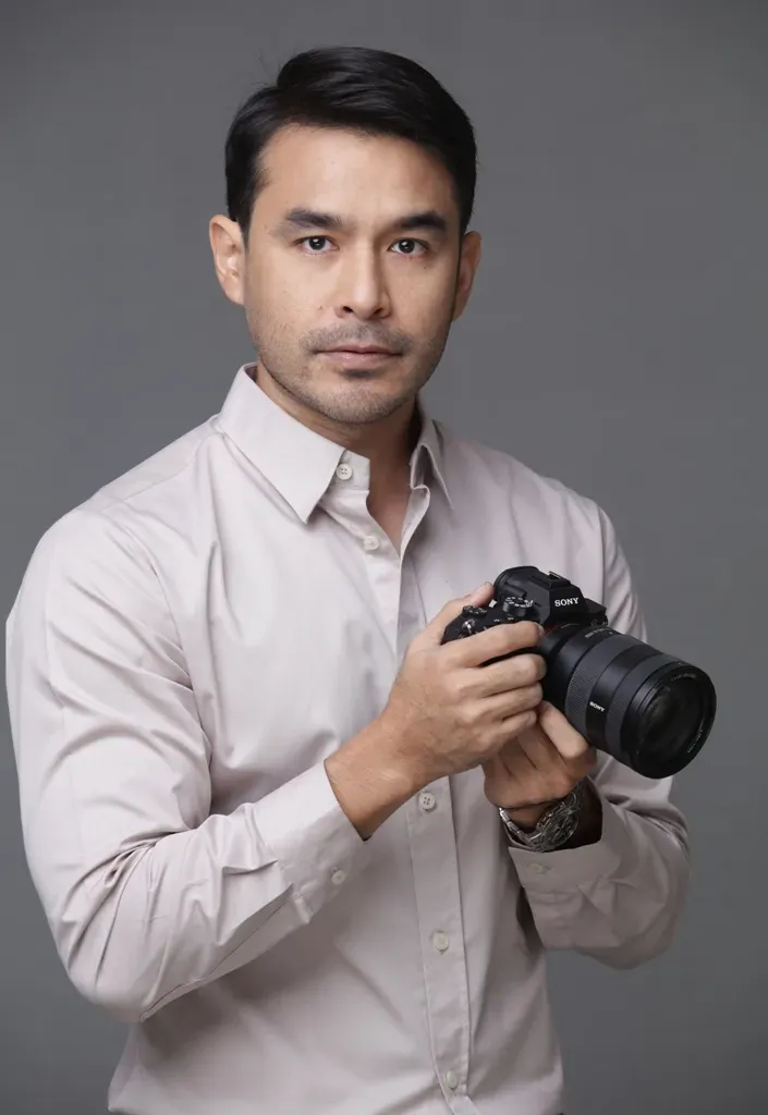 Studio portrait of a man holding a professional camera, wearing a light shirt against a grey background.