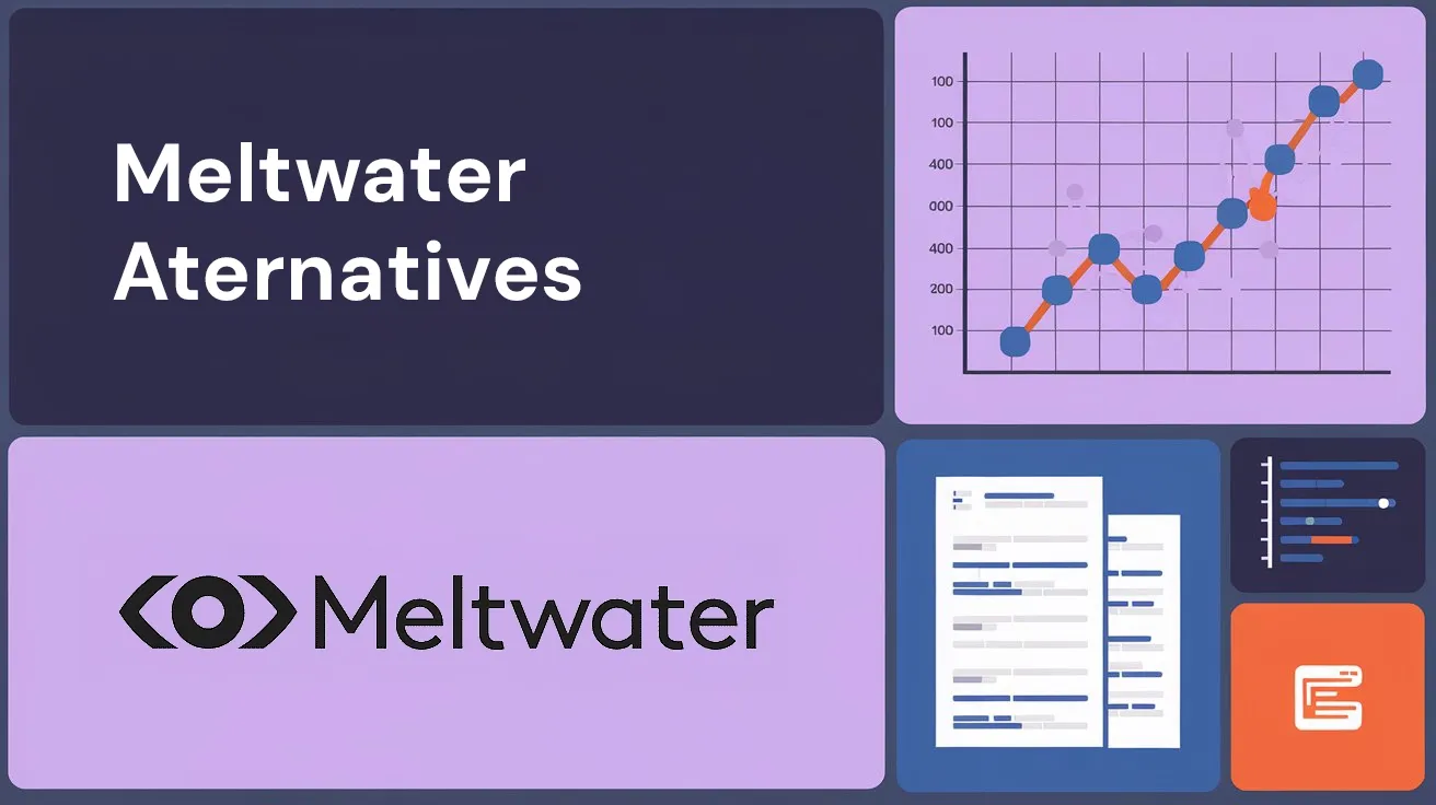 A graphic headed “Meltwater Alternatives” showing the Meltwater wordmark beside a rising line chart and dashboard panels.