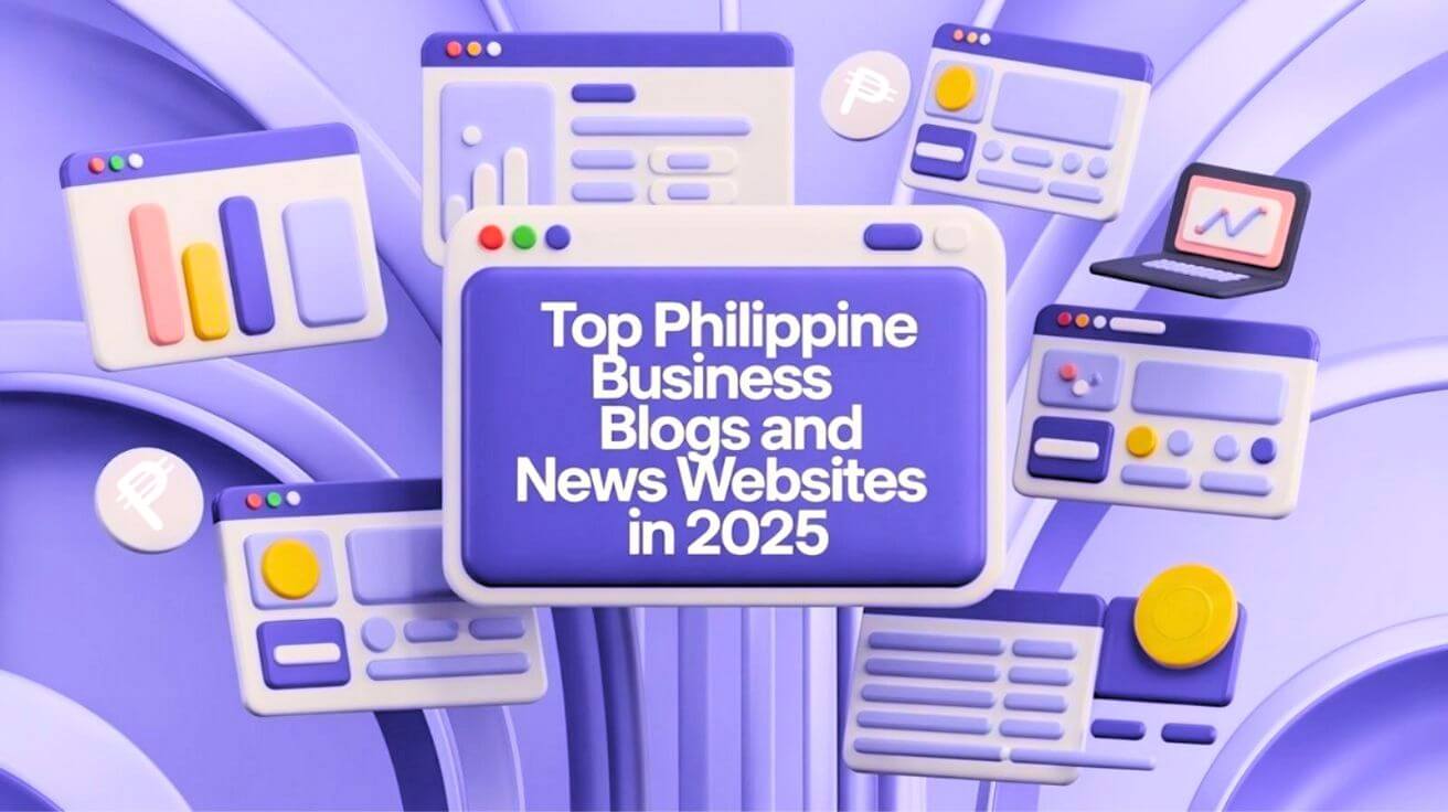 A 3D scene of floating browser windows and chart panels with a card reading “Top Philippine Business Blogs and News Websites in 2025.”