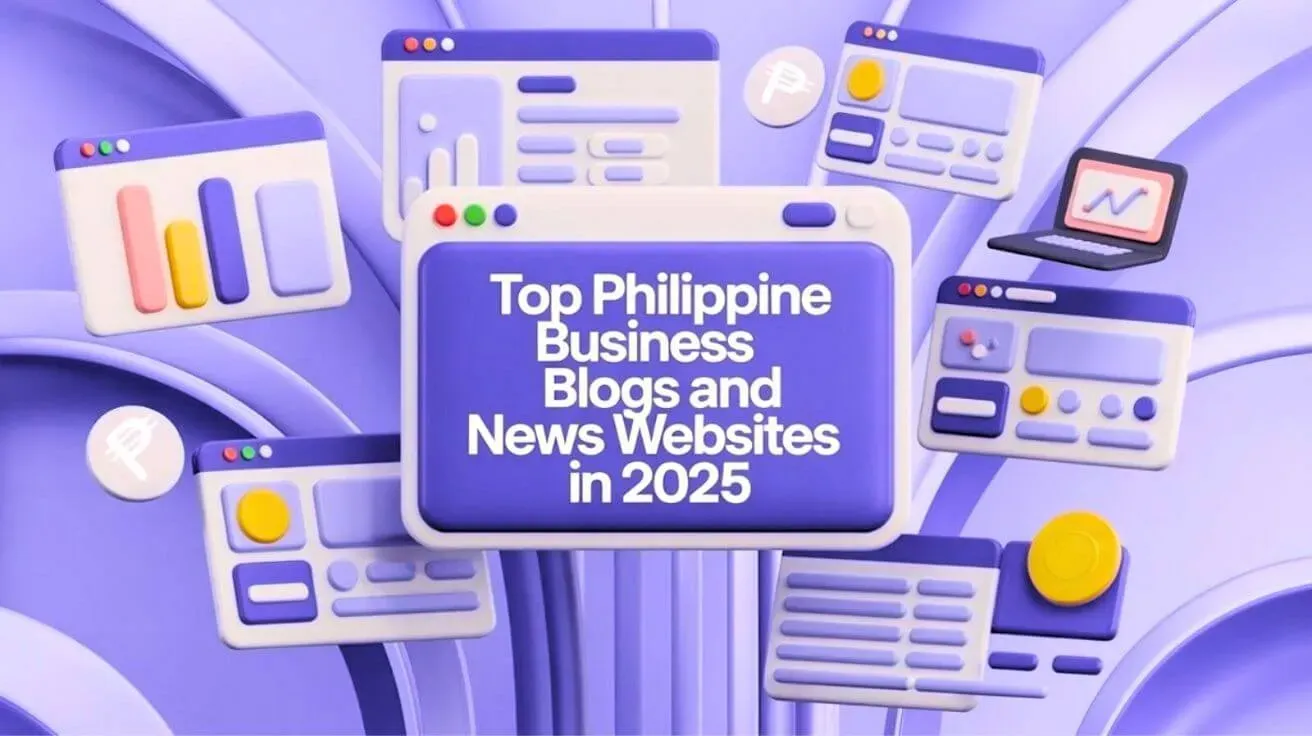 A 3D scene of floating browser windows and chart panels with a card reading “Top Philippine Business Blogs and News Websites in 2025.”