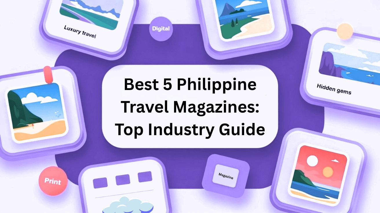 A 3D scene of floating travel-magazine and photo icons with a card reading “Best 5 Philippine Travel Magazines: Top Industry Guide.”