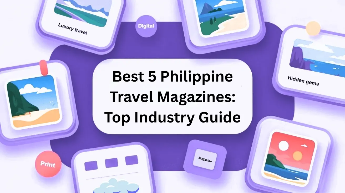 A 3D scene of floating travel-magazine and photo icons with a card reading “Best 5 Philippine Travel Magazines: Top Industry Guide.”