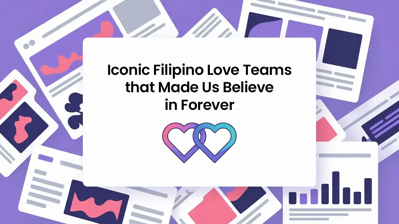 A 3D scene of floating photo cards and chart panels with a card reading “Iconic Filipino Love Teams that Made Us Believe in Forever” and a double-heart icon.