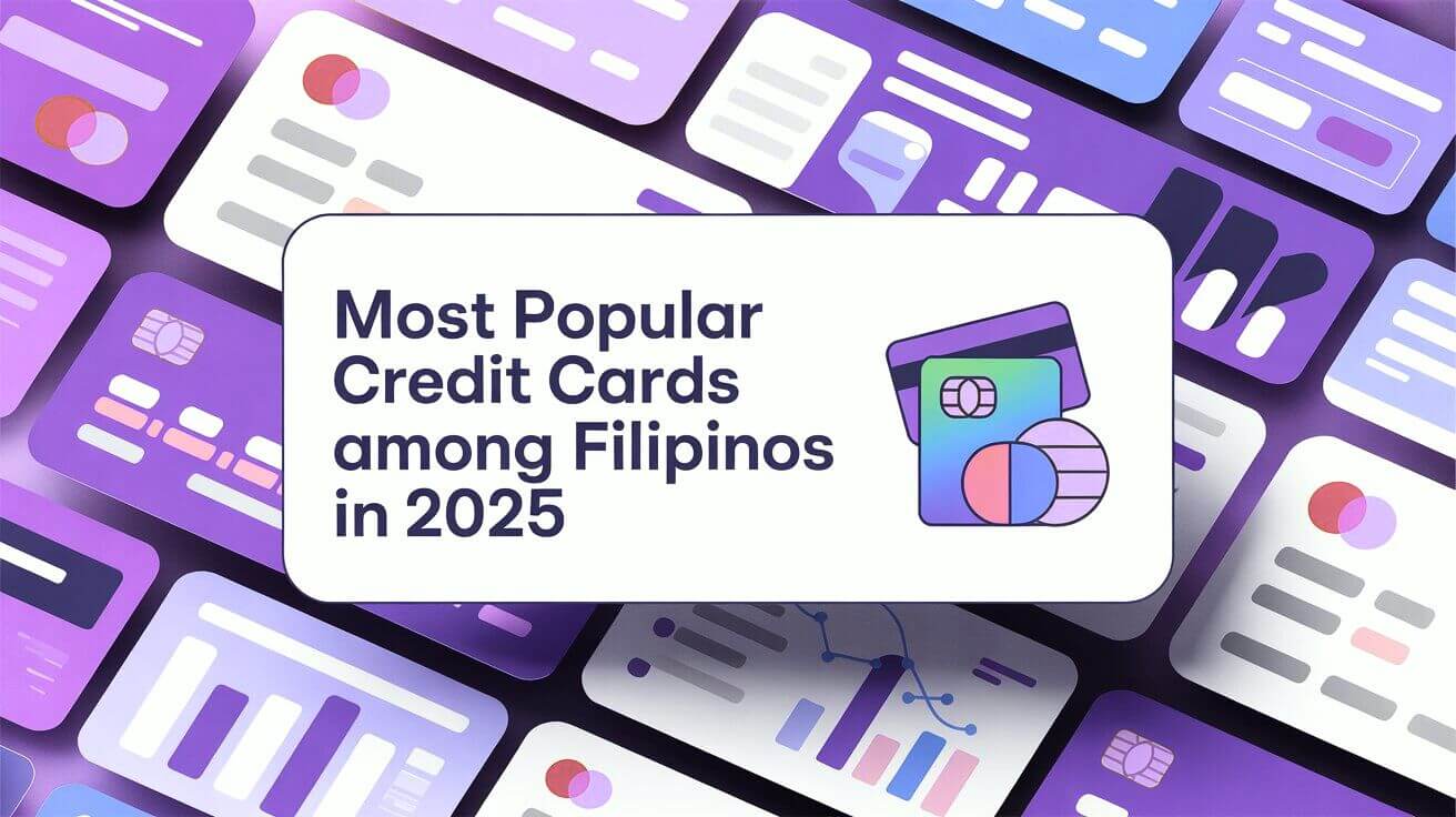 A 3D scene of floating phone screens and chart panels with a card reading “Most Popular Credit Cards among Filipinos in 2025” and a credit-card icon.