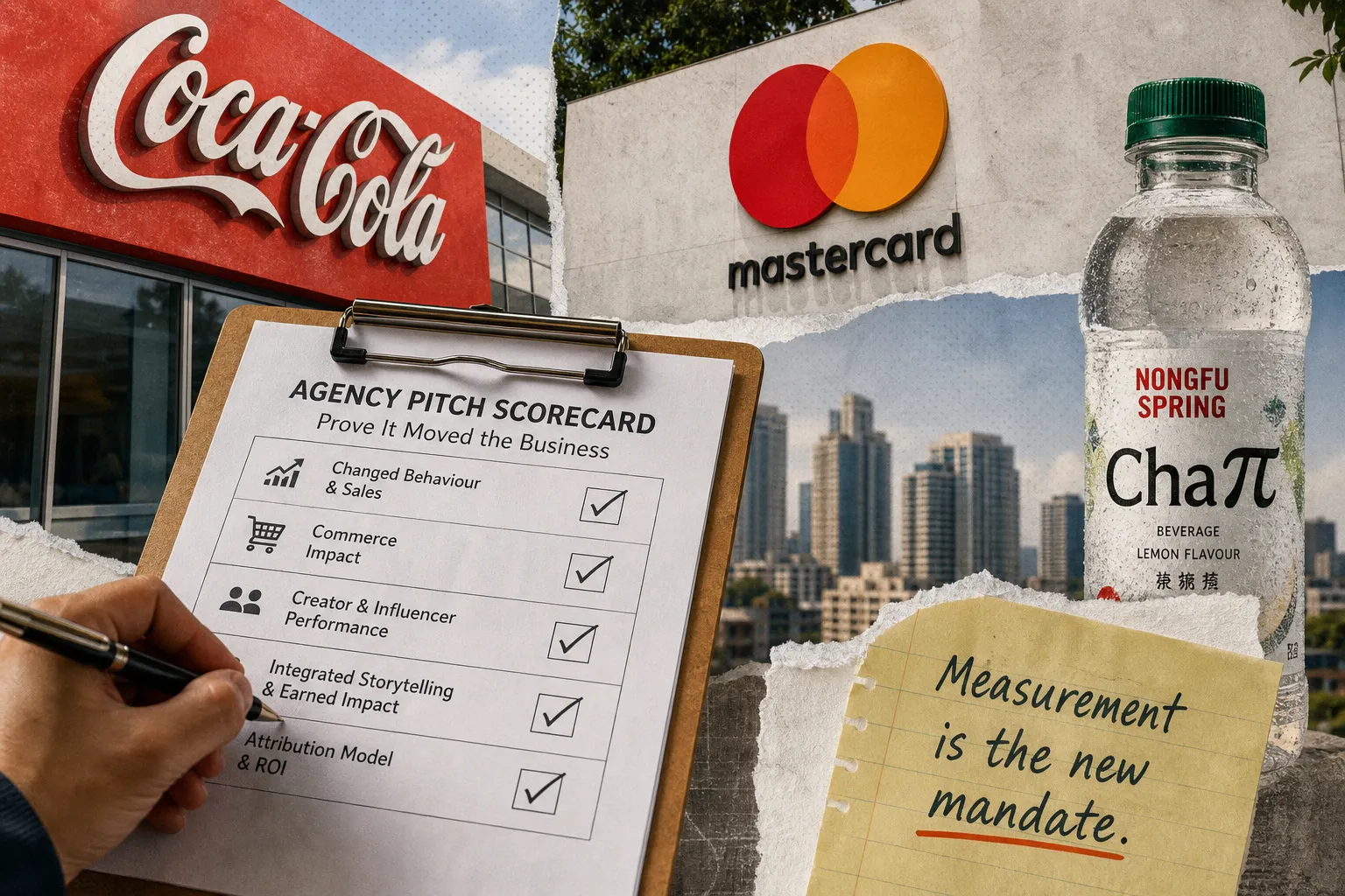 PR agency pitch measurement scorecard on a clipboard beside Coca-Cola, Mastercard and Nongfu Spring Chaπ branding, with a note: Measurement is the new mandate