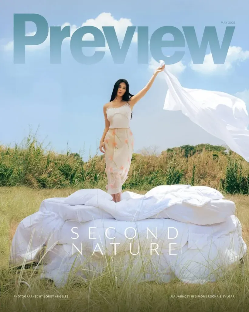 Magazine cover with the large masthead “Preview” above a person in a flowing white dress in a grassy field, with the cover line “SECOND NATURE.”