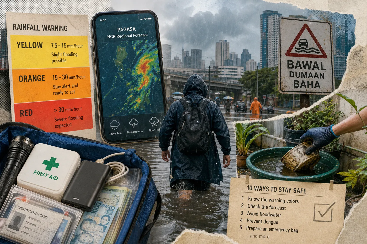 Rainy season in Manila collage: PAGASA rainfall warning colors, a flooded street, an emergency go-bag, and a flood warning road sign
