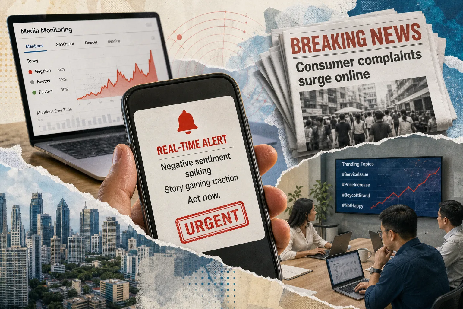 Real-time alert on a smartphone beside a sentiment dashboard, breaking news headline, and Philippine cityscape