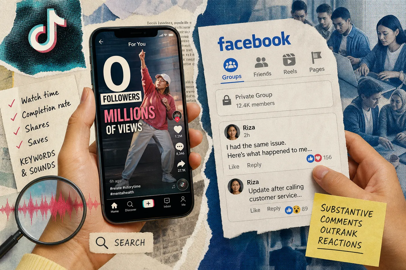Media Monitoring Strategies compared: a zero-follower TikTok video with millions of views next to a Facebook private Group thread.