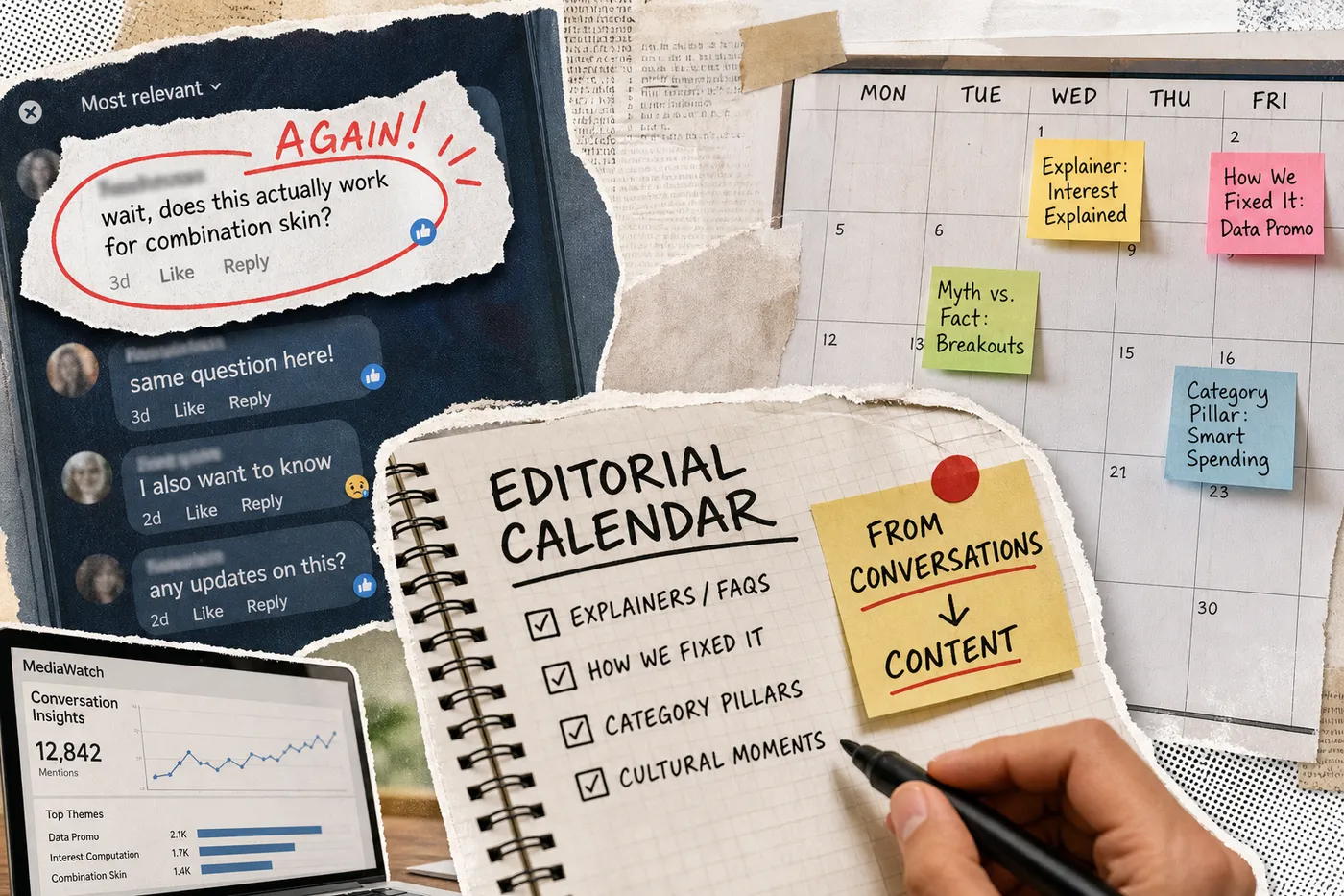 A social listening dashboard and repeated audience questions turned into editorial calendar content like FAQs and myth-busting posts.