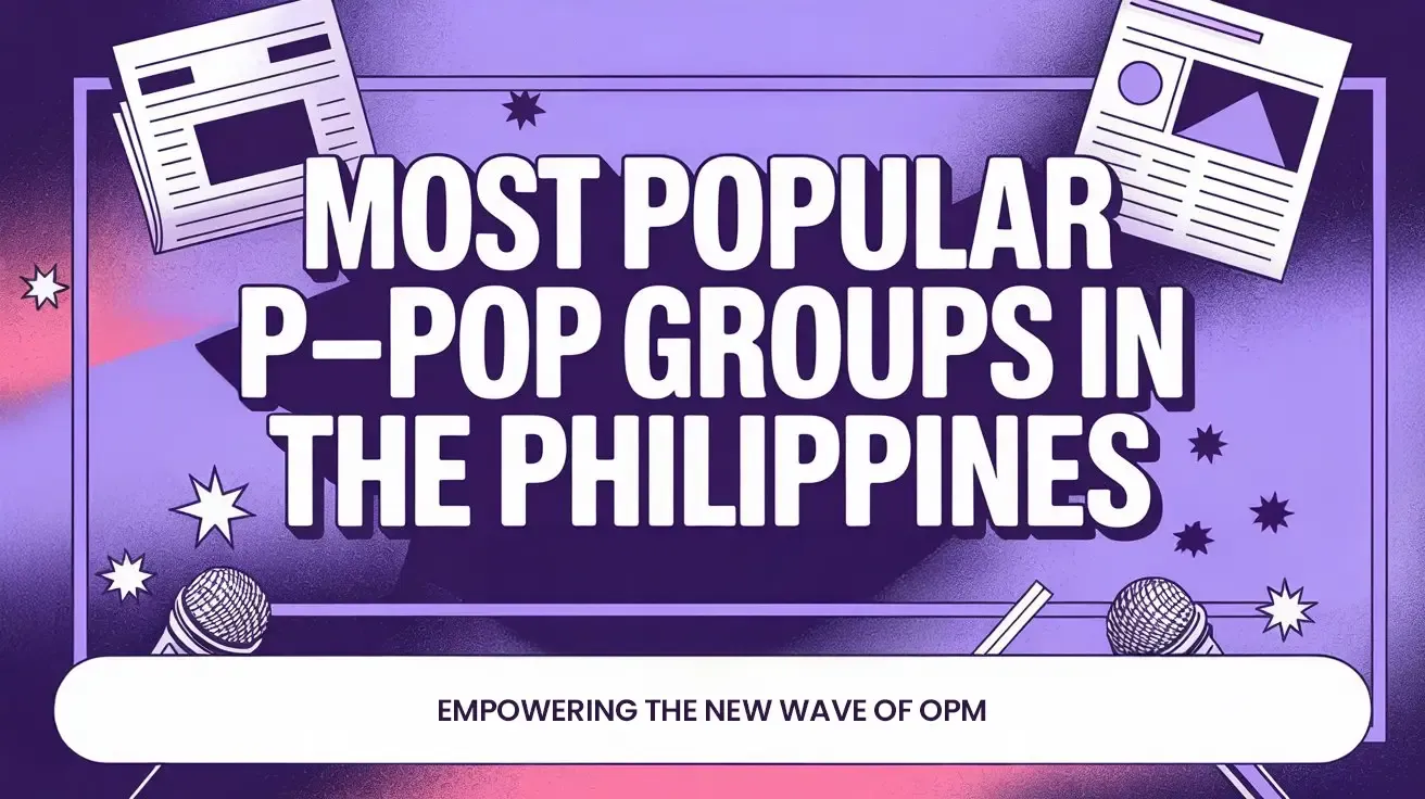 A 3D scene of floating media panels with the bold heading “MOST POPULAR P-POP GROUPS IN THE PHILIPPINES” and the subtitle “EMPOWERING THE NEW WAVE OF OPM.”