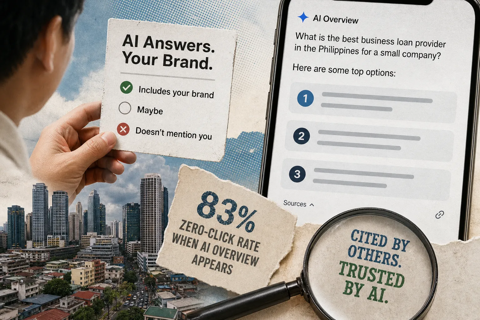 Collage on AI Search Visibility: Manila skyline, an AI Overview answer on a phone, an 83% zero-click stat, and a checklist for brand mentions.
