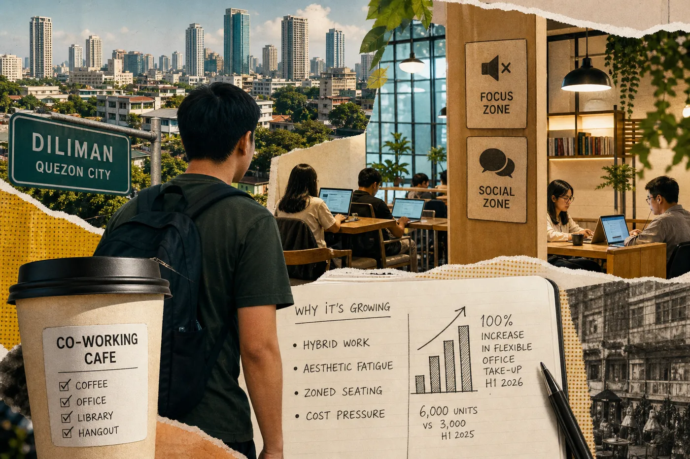 Co-Working Cafes explained: a coffee cup labeled office and library, zoned cafe seating, and a notebook showing 100% office take-up growth.