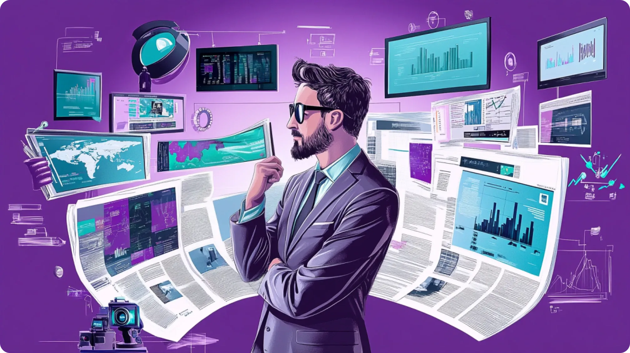 Illustration of a businessman surrounded by floating screens and data dashboards on a purple background, about why media monitoring matters.